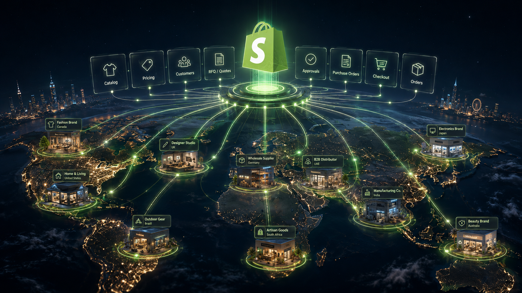 Global Shopify B2B network diagram showing a central commerce hub connecting wholesale suppliers, distributors, and brands across countries through shared workflows for RFQs, approvals, purchase orders, and checkout