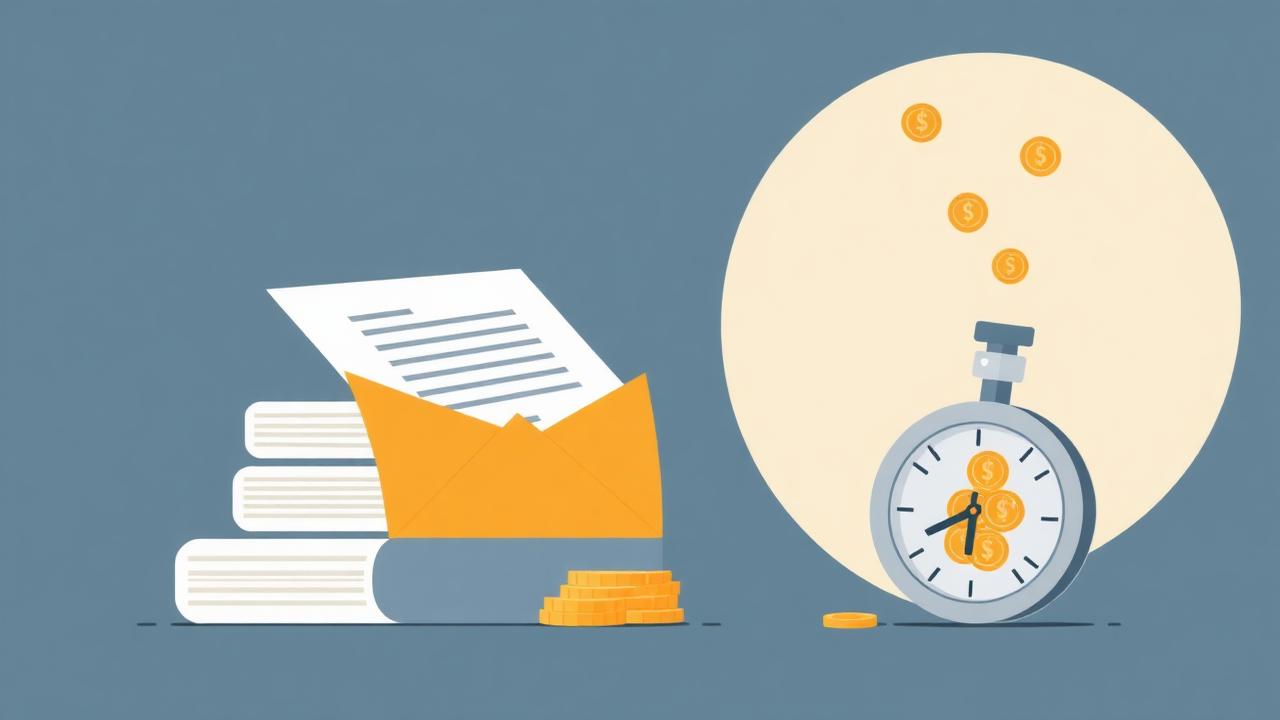 Stack of paper quotes, an envelope and a stopwatch with coins, representing wasted time